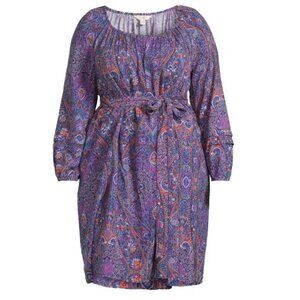 Terra & Sky Women's Plus Size Shirred Mini Dress, Boho Paisley/Blue Comet